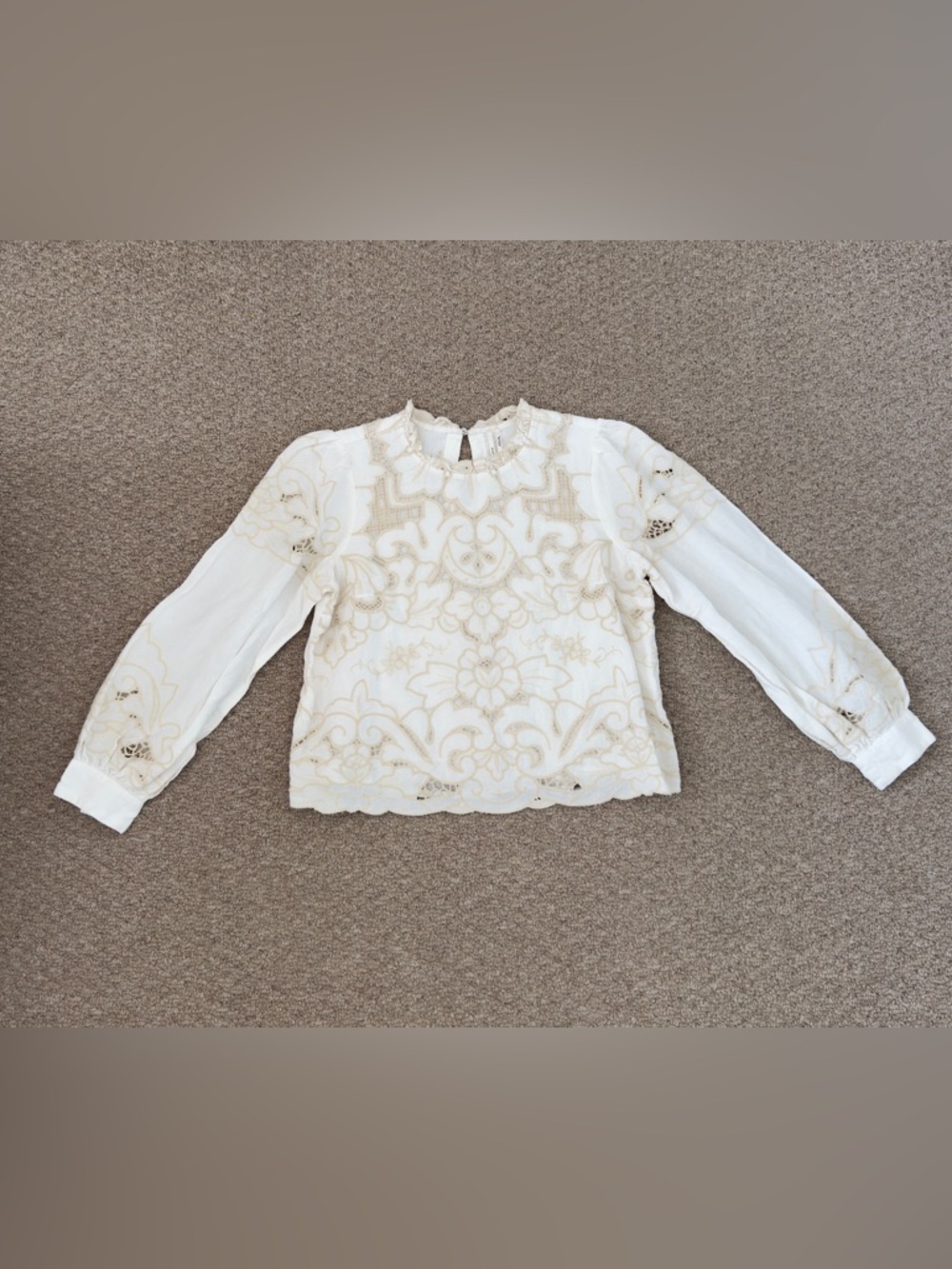 Anthropologie Ivory Lace-Embroidered Long Sleeve Blouse
